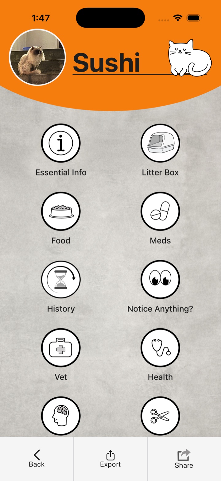 The PetDeets app showing a pet's profile with care categories — Essential Info, Food, Meds, Vet, Health and more.